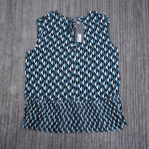 Worthington Womens Small Teal Geometric Diamond Pleated Peplum Sleeveless Blouse